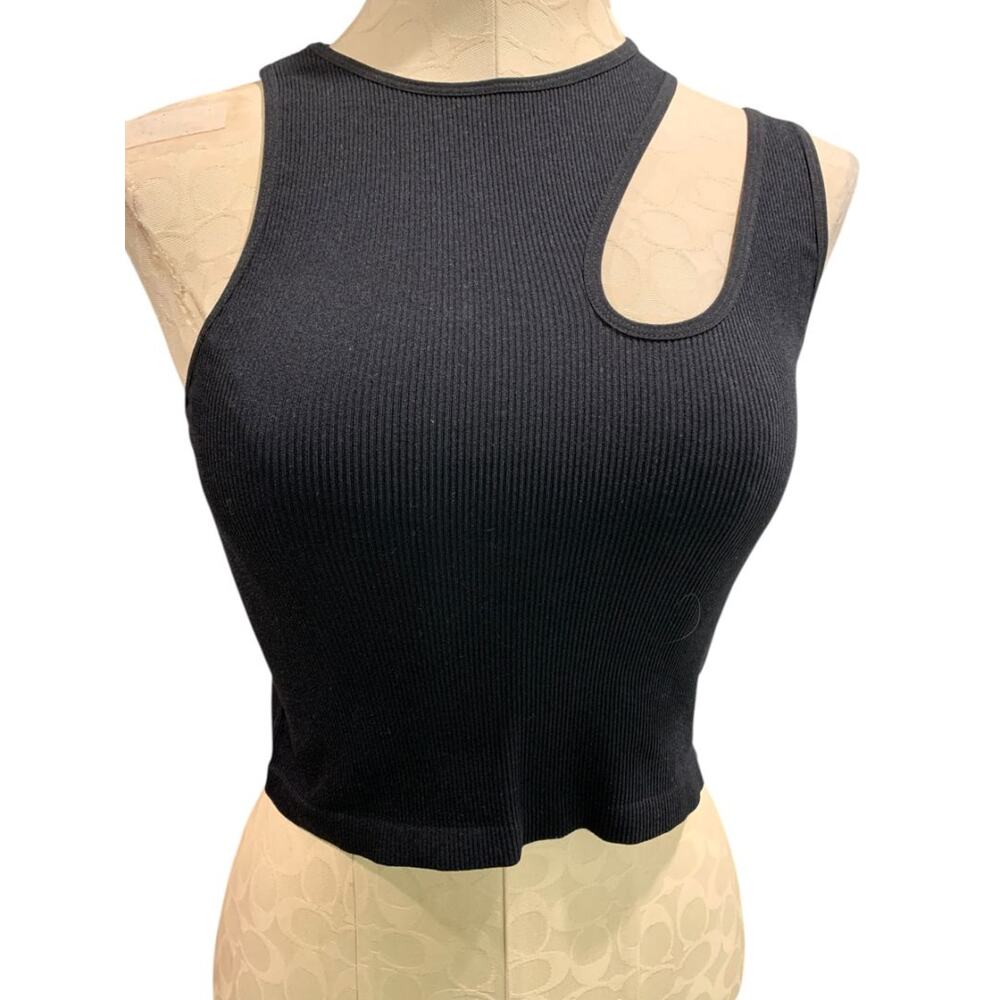 One Size Suzette Womens Black Tank Ribbed Crop Asymmetrical Cutout